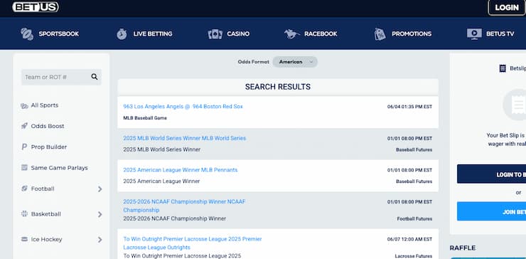 An image of the betting screen from BetUS, a popular online sportsbook in Connecticut.